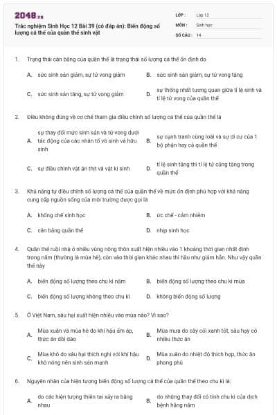 Trắc nghiệm Sinh Học 12 Bài 39 (có đáp án): Biến động số lượng cá thể của quần thể sinh vật