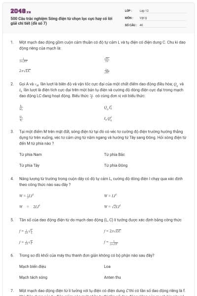 500 Câu trắc nghiệm Sóng điện từ chọn lọc cực hay có lời giải chi tiết (đề số 7)