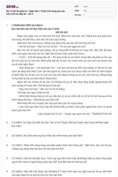 Bộ 10 đề thi giữa kì 1 Ngữ Văn 7 Chân trời sáng tạo cấu trúc mới có đáp án - Đề 3