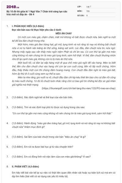 Bộ 10 đề thi giữa kì 1 Ngữ Văn 7 Chân trời sáng tạo cấu trúc mới có đáp án - Đề 4