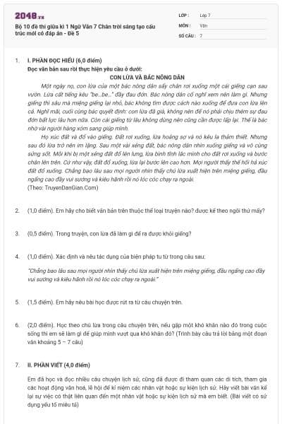 Bộ 10 đề thi giữa kì 1 Ngữ Văn 7 Chân trời sáng tạo cấu trúc mới có đáp án - Đề 5