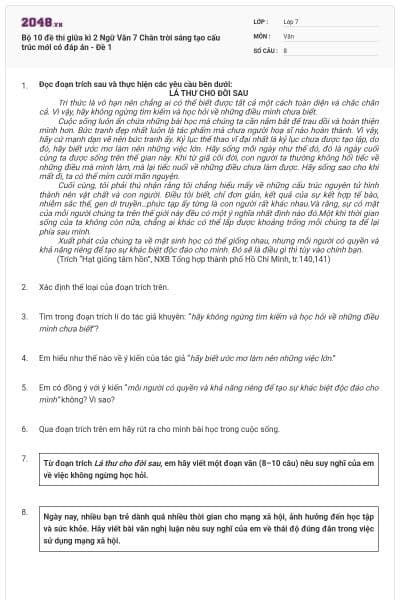 Bộ 10 đề thi giữa kì 2 Ngữ Văn 7 Chân trời sáng tạo cấu trúc mới có đáp án - Đề 1