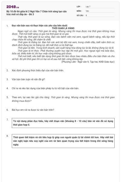 Bộ 10 đề thi giữa kì 2 Ngữ Văn 7 Chân trời sáng tạo cấu trúc mới có đáp án - Đề 3