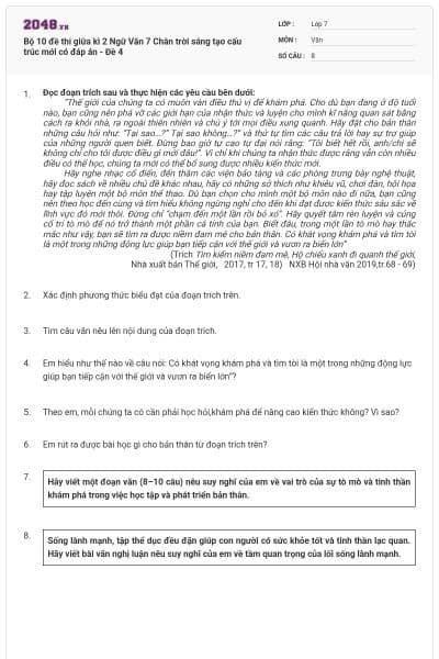 Bộ 10 đề thi giữa kì 2 Ngữ Văn 7 Chân trời sáng tạo cấu trúc mới có đáp án - Đề 4