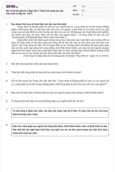 Bộ 10 đề thi giữa kì 2 Ngữ Văn 7 Chân trời sáng tạo cấu trúc mới có đáp án - Đề 5