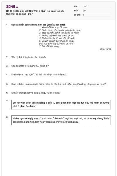 Bộ 10 đề thi giữa kì 2 Ngữ Văn 7 Chân trời sáng tạo cấu trúc mới có đáp án - Đề 7