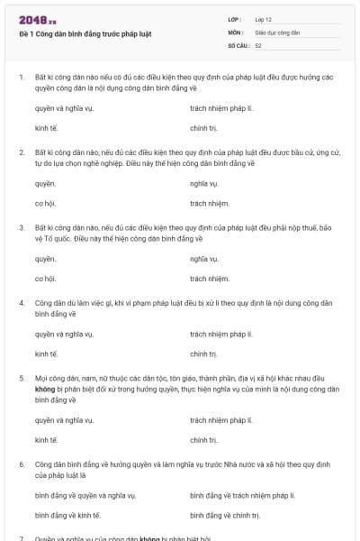 Đề 1 Công dân bình đẳng trước pháp luật