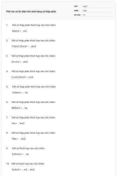 Viết các số đo diện tích dưới dạng số thập phân