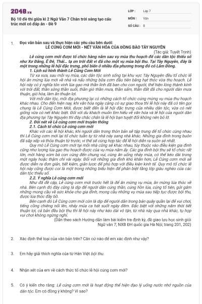 Bộ 10 đề thi giữa kì 2 Ngữ Văn 7 Chân trời sáng tạo cấu trúc mới có đáp án - Đề 9