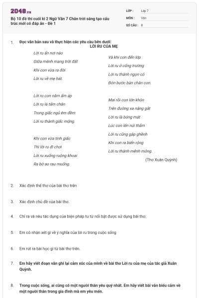 Bộ 10 đề thi cuối kì 2 Ngữ Văn 7 Chân trời sáng tạo cấu trúc mới có đáp án - Đề 1