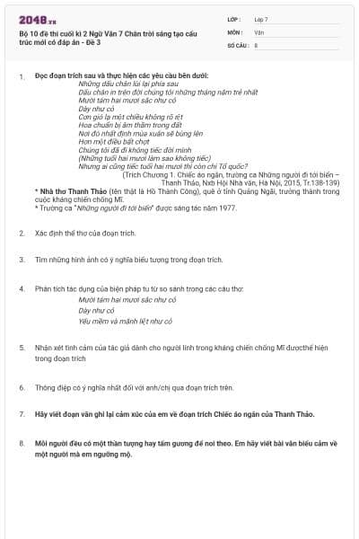 Bộ 10 đề thi cuối kì 2 Ngữ Văn 7 Chân trời sáng tạo cấu trúc mới có đáp án - Đề 3