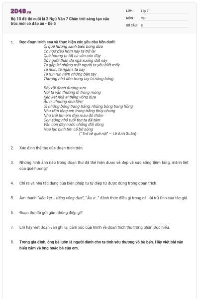 Bộ 10 đề thi cuối kì 2 Ngữ Văn 7 Chân trời sáng tạo cấu trúc mới có đáp án - Đề 5