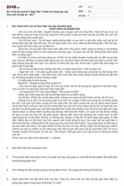 Bộ 10 đề thi cuối kì 2 Ngữ Văn 7 Chân trời sáng tạo cấu trúc mới có đáp án - Đề 7