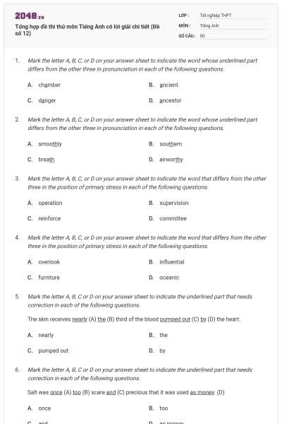 Tổng hợp đề thi thử môn Tiếng Anh có lời giải chi tiết (Đề số 12)