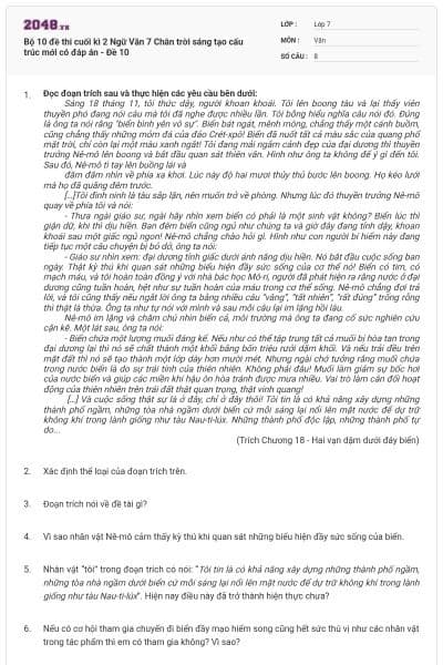 Bộ 10 đề thi cuối kì 2 Ngữ Văn 7 Chân trời sáng tạo cấu trúc mới có đáp án - Đề 10