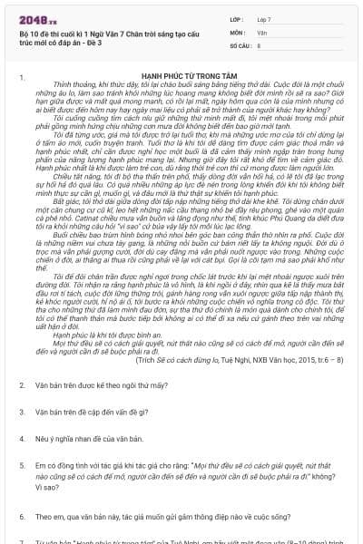 Bộ 10 đề thi cuối kì 1 Ngữ Văn 7 Chân trời sáng tạo cấu trúc mới có đáp án - Đề 3