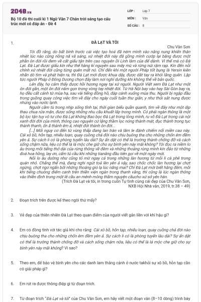 Bộ 10 đề thi cuối kì 1 Ngữ Văn 7 Chân trời sáng tạo cấu trúc mới có đáp án - Đề 4