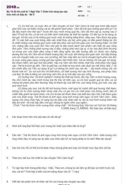 Bộ 10 đề thi cuối kì 1 Ngữ Văn 7 Chân trời sáng tạo cấu trúc mới có đáp án - Đề 5