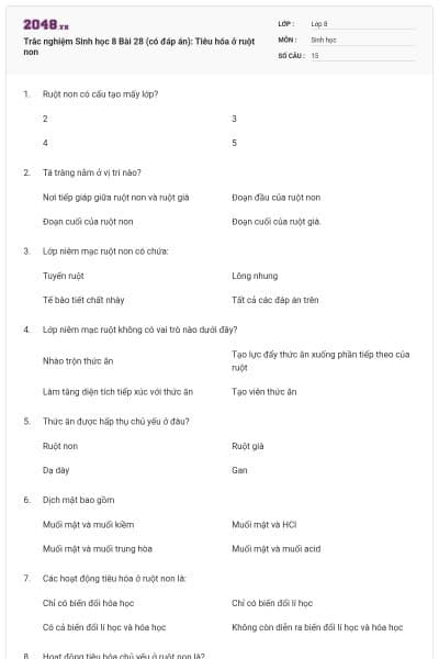 Trắc nghiệm Sinh học 8 Bài 28 (có đáp án): Tiêu hóa ở ruột non