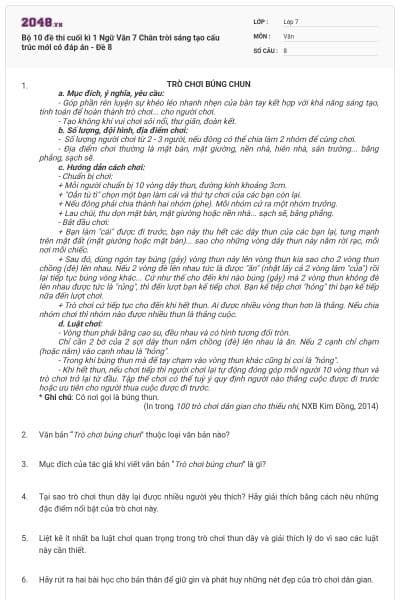 Bộ 10 đề thi cuối kì 1 Ngữ Văn 7 Chân trời sáng tạo cấu trúc mới có đáp án - Đề 8