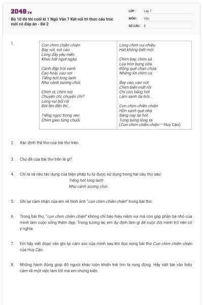 Bộ 10 đề thi cuối kì 1 Ngữ Văn 7 Kết nối tri thức cấu trúc mới có đáp án - Đề 2