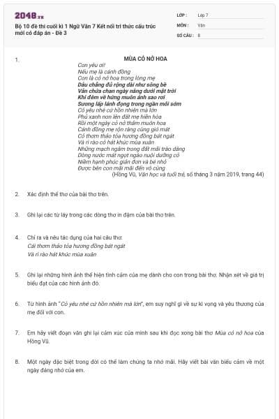 Bộ 10 đề thi cuối kì 1 Ngữ Văn 7 Kết nối tri thức cấu trúc mới có đáp án - Đề 3