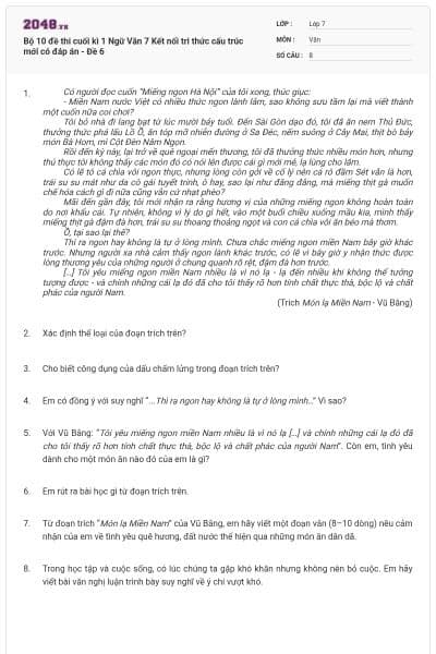 Bộ 10 đề thi cuối kì 1 Ngữ Văn 7 Kết nối tri thức cấu trúc mới có đáp án - Đề 6