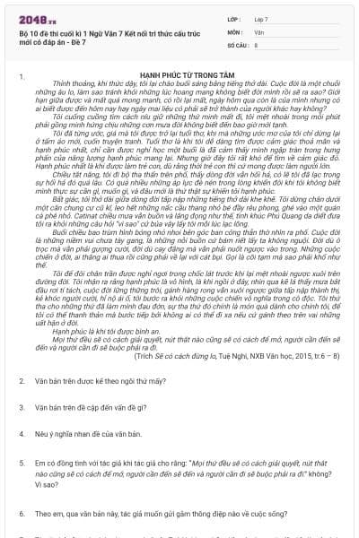 Bộ 10 đề thi cuối kì 1 Ngữ Văn 7 Kết nối tri thức cấu trúc mới có đáp án - Đề 7