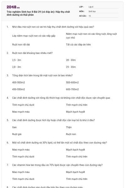 Trắc nghiệm Sinh học 8 Bài 29 (có đáp án): Hấp thụ chất dinh dưỡng và thải phân