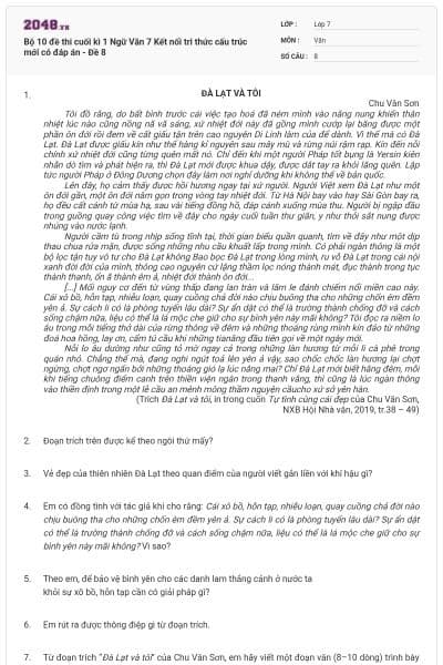 Bộ 10 đề thi cuối kì 1 Ngữ Văn 7 Kết nối tri thức cấu trúc mới có đáp án - Đề 8
