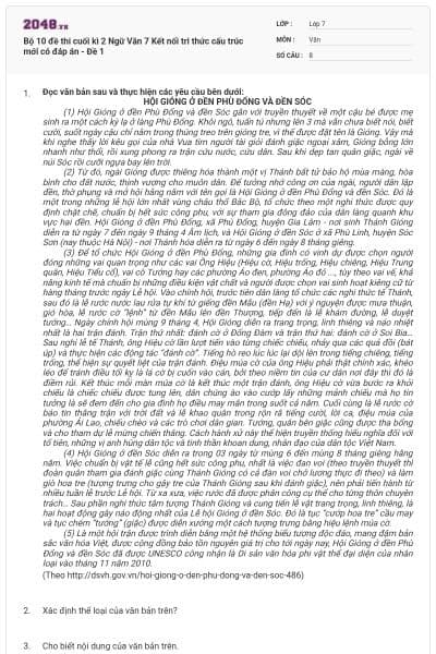 Bộ 10 đề thi cuối kì 2 Ngữ Văn 7 Kết nối tri thức cấu trúc mới có đáp án - Đề 1