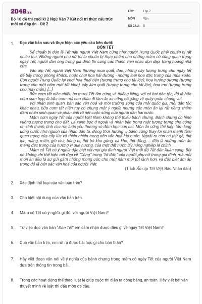 Bộ 10 đề thi cuối kì 2 Ngữ Văn 7 Kết nối tri thức cấu trúc mới có đáp án - Đề 2