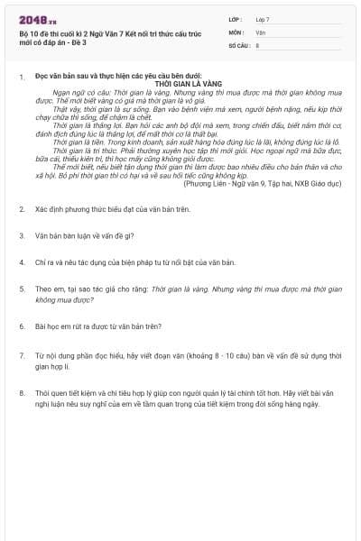 Bộ 10 đề thi cuối kì 2 Ngữ Văn 7 Kết nối tri thức cấu trúc mới có đáp án - Đề 3