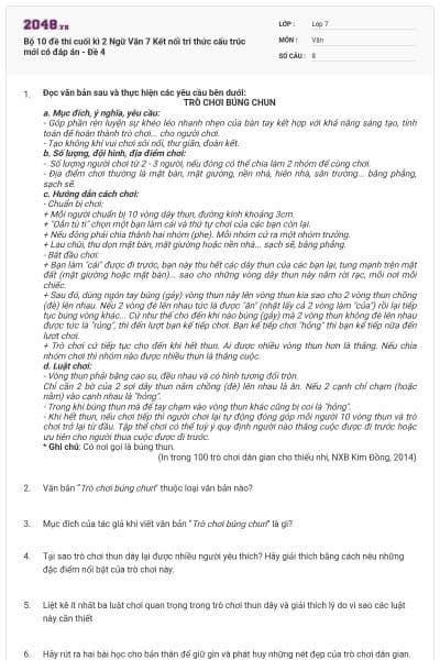 Bộ 10 đề thi cuối kì 2 Ngữ Văn 7 Kết nối tri thức cấu trúc mới có đáp án - Đề 4