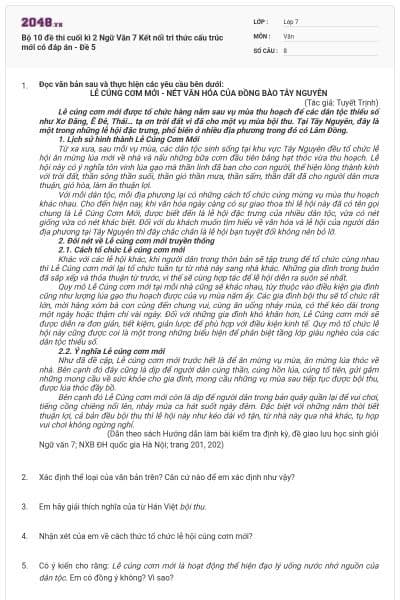 Bộ 10 đề thi cuối kì 2 Ngữ Văn 7 Kết nối tri thức cấu trúc mới có đáp án - Đề 5