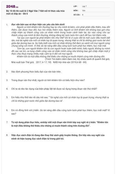 Bộ 10 đề thi cuối kì 2 Ngữ Văn 7 Kết nối tri thức cấu trúc mới có đáp án - Đề 6