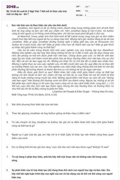 Bộ 10 đề thi cuối kì 2 Ngữ Văn 7 Kết nối tri thức cấu trúc mới có đáp án - Đề 7