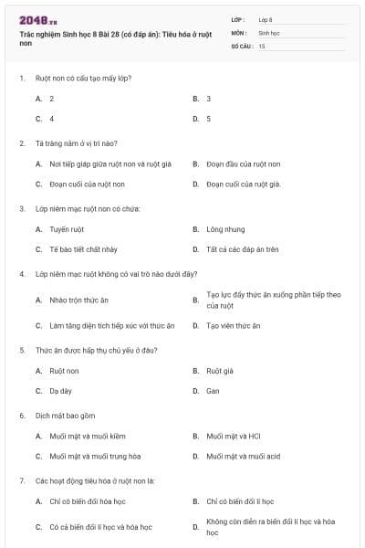 Trắc nghiệm Sinh học 8 Bài 28 (có đáp án): Tiêu hóa ở ruột non