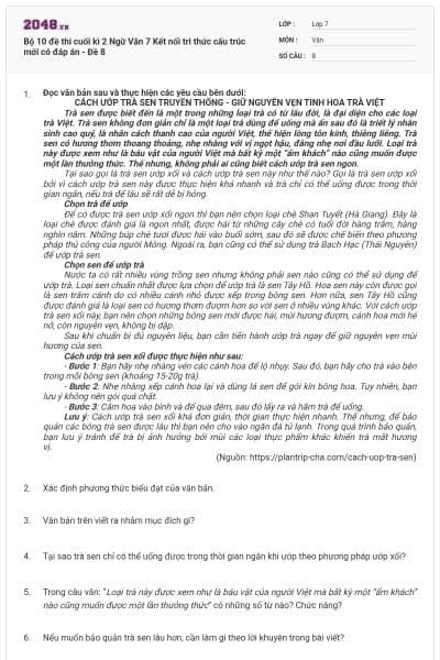 Bộ 10 đề thi cuối kì 2 Ngữ Văn 7 Kết nối tri thức cấu trúc mới có đáp án - Đề 8