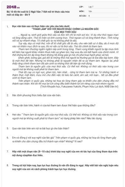 Bộ 10 đề thi cuối kì 2 Ngữ Văn 7 Kết nối tri thức cấu trúc mới có đáp án - Đề 9