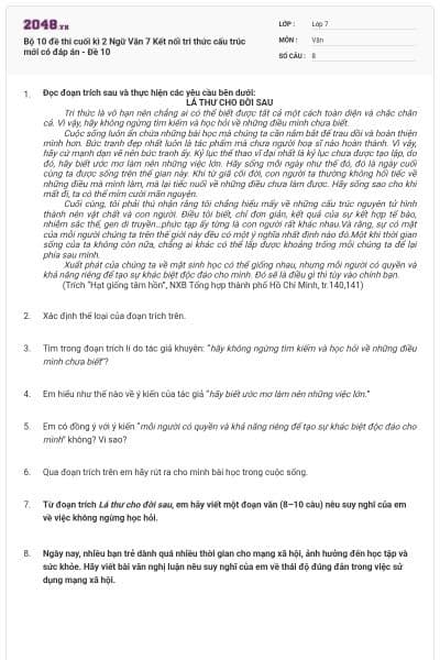 Bộ 10 đề thi cuối kì 2 Ngữ Văn 7 Kết nối tri thức cấu trúc mới có đáp án - Đề 10