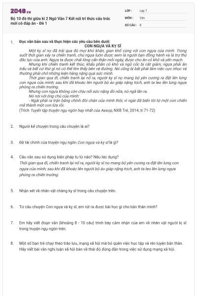 Bộ 10 đề thi giữa kì 2 Ngữ Văn 7 Kết nối tri thức cấu trúc mới có đáp án - Đề 1