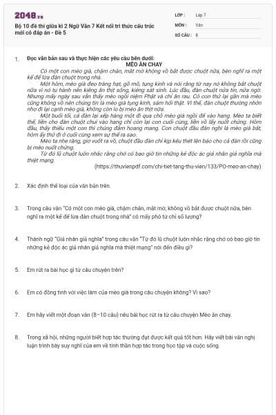 Bộ 10 đề thi giữa kì 2 Ngữ Văn 7 Kết nối tri thức cấu trúc mới có đáp án - Đề 5