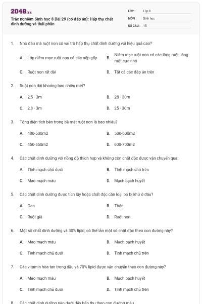 Trắc nghiệm Sinh học 8 Bài 29 (có đáp án): Hấp thụ chất dinh dưỡng và thải phân