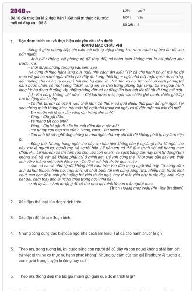 Bộ 10 đề thi giữa kì 2 Ngữ Văn 7 Kết nối tri thức cấu trúc mới có đáp án - Đề 8