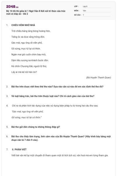 Bộ 10 đề thi giữa kì 1 Ngữ Văn 8 Kết nối tri thức cấu trúc mới có đáp án - Đề 2