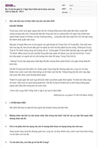 Bộ 10 đề thi giữa kì 1 Ngữ Văn 8 Kết nối tri thức cấu trúc mới có đáp án - Đề 4