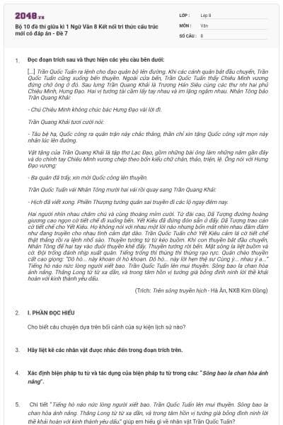 Bộ 10 đề thi giữa kì 1 Ngữ Văn 8 Kết nối tri thức cấu trúc mới có đáp án - Đề 7