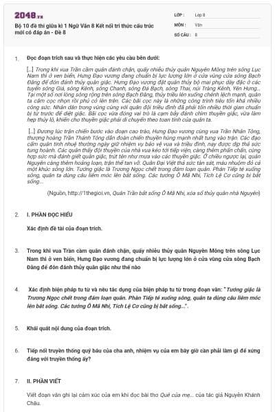 Bộ 10 đề thi giữa kì 1 Ngữ Văn 8 Kết nối tri thức cấu trúc mới có đáp án - Đề 8