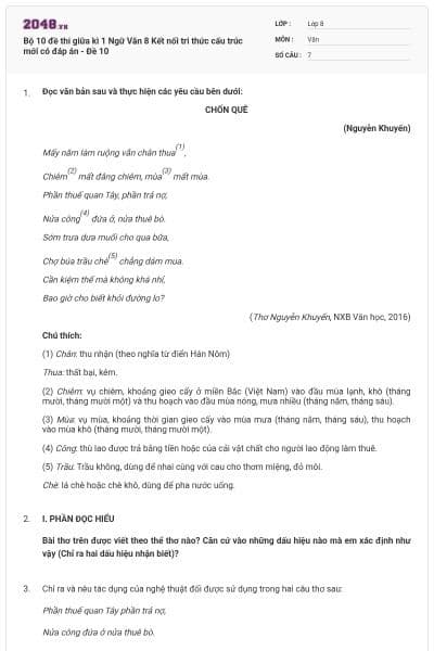 Bộ 10 đề thi giữa kì 1 Ngữ Văn 8 Kết nối tri thức cấu trúc mới có đáp án - Đề 10